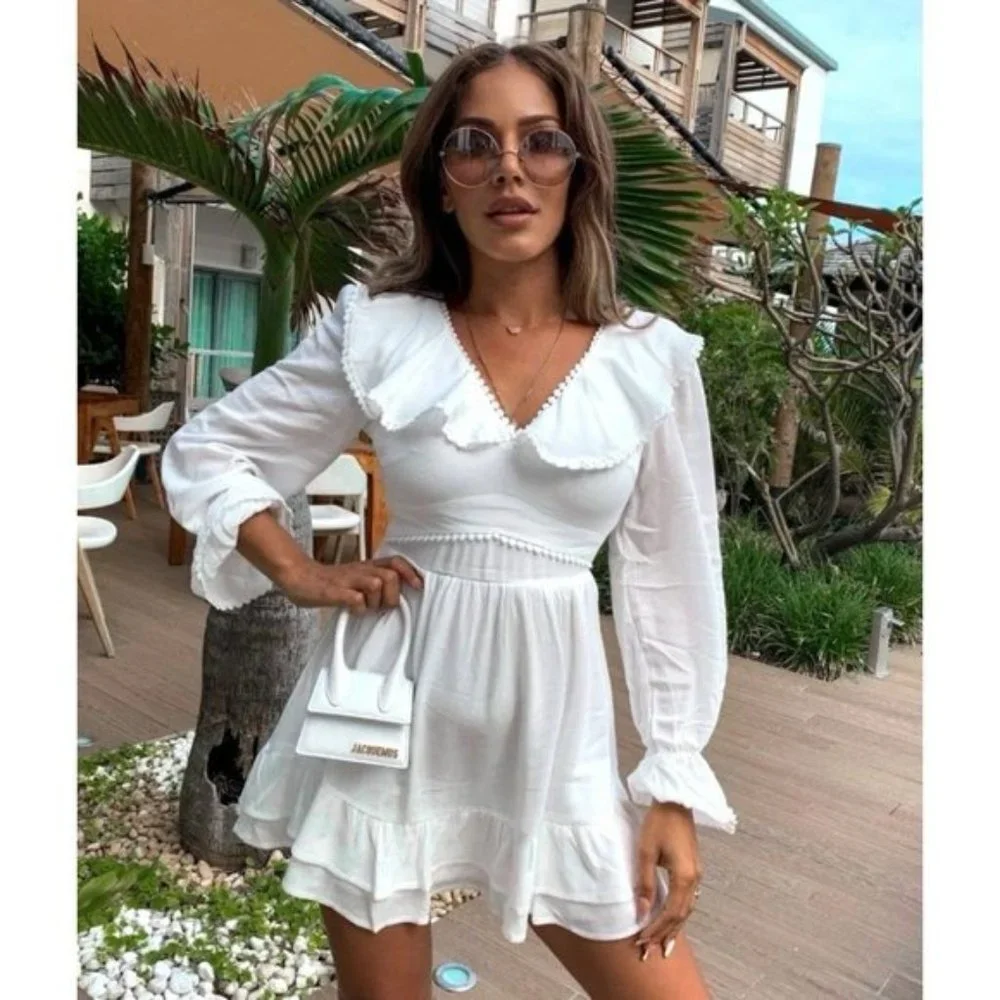 White Long Sleeve V-Neck Open Back Ruffle Hem Mini Dress - Picture 9 of 17
